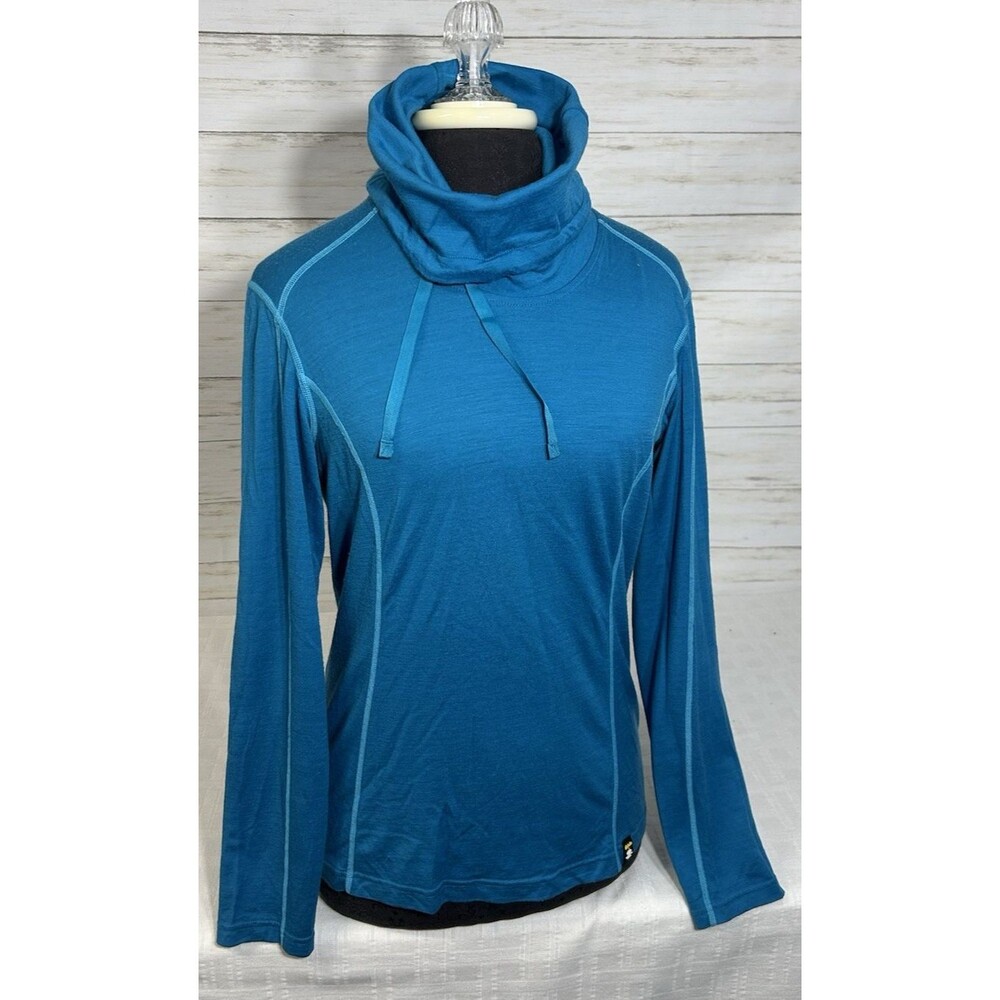 Cabelas Icebreaker Pullover Women MEDIUM Blue Merino Wool Cowl Neck Long Sleeve